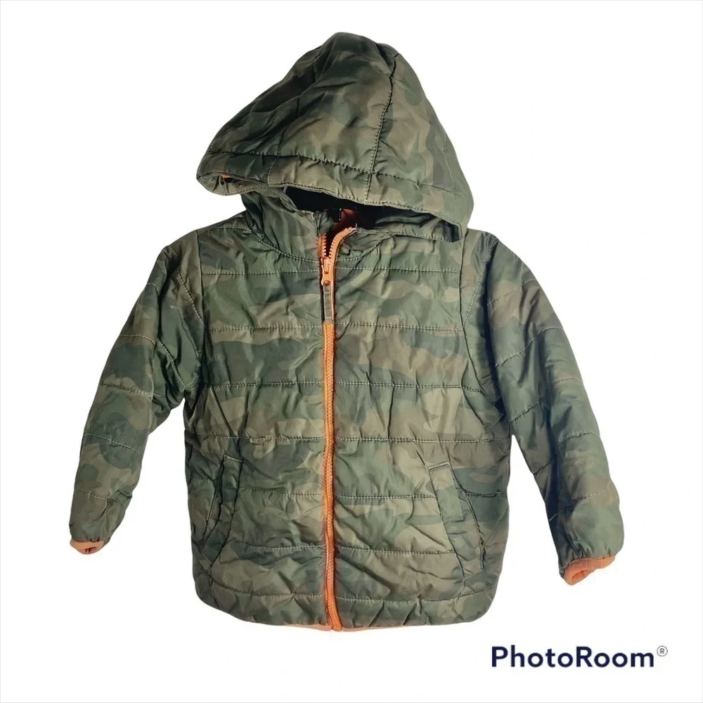 Children’s Place Camouflage Puffer Coat Sz 4T Green Orange Full Zip Hooded